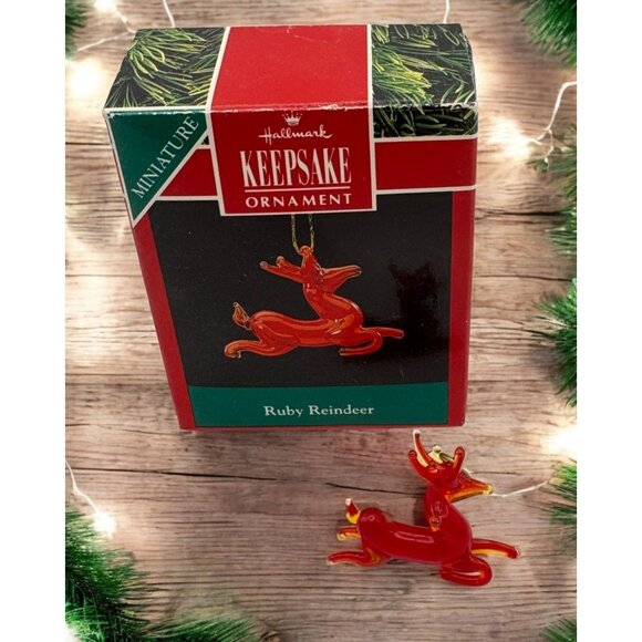 Hallmark Other - Hallmark Keepsake Ruby Reindeer Christmas Ornament Miniature Blown Glass 1990
